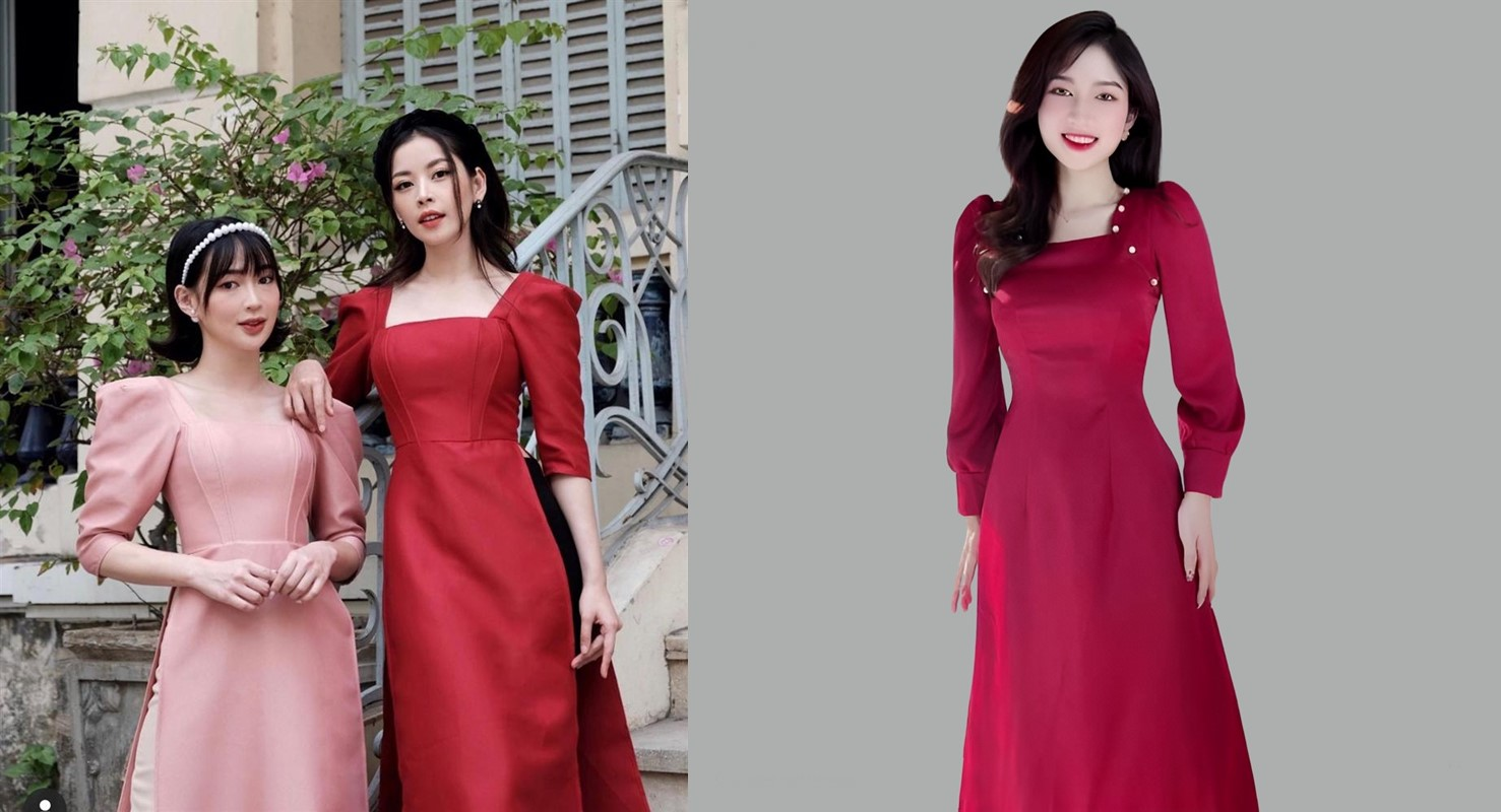 Mẫu áo dài đồng phục cổ vuông, tay phồng